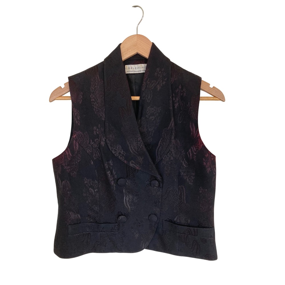 Briefing Paris Vintage Floral Jacquard Double Breasted Vest Black Burgundy 40